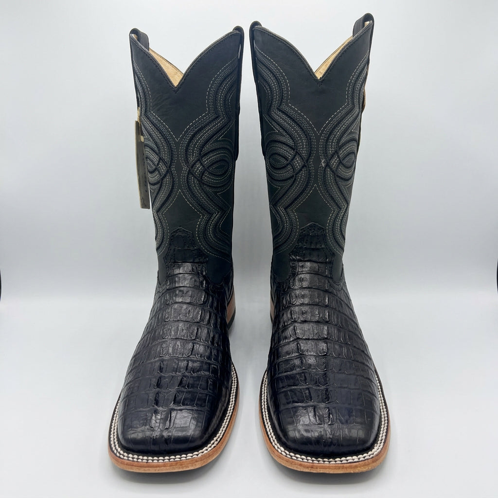 Bronzer Men's Black Exotic Caiman Tail Skin- Square Toe Boots