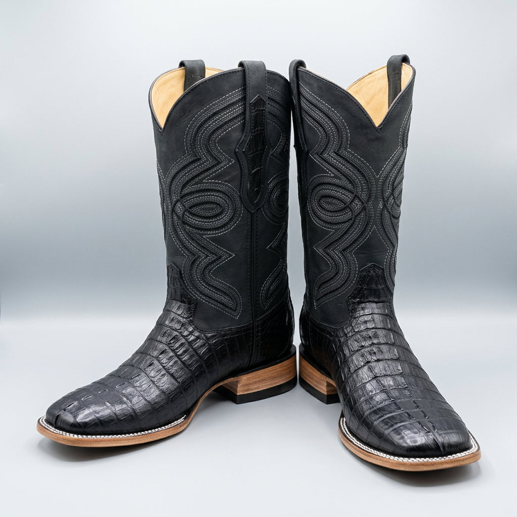 Bronzer Men's Black Exotic Caiman Tail Skin- Square Toe Boots