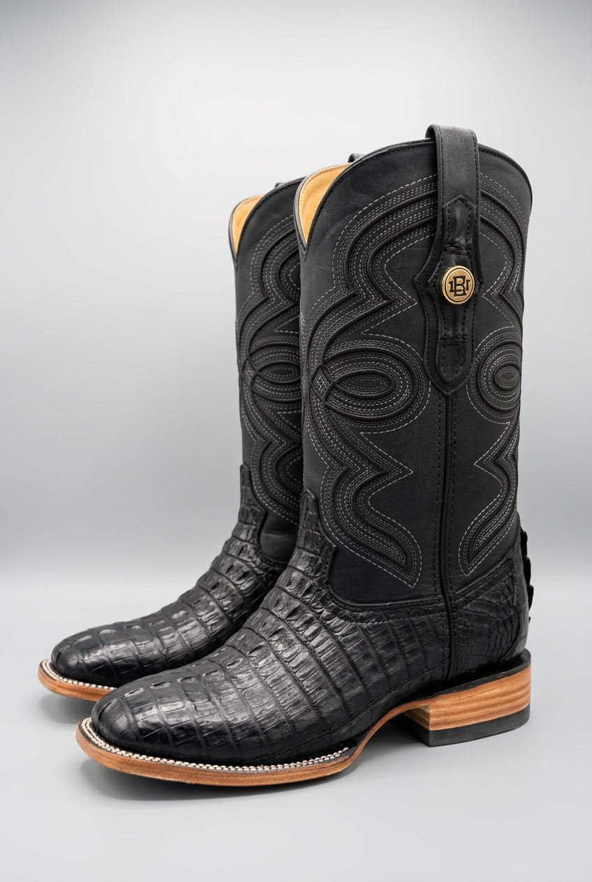 Bronzer Men's Black Exotic Caiman Tail Skin- Square Toe Boots