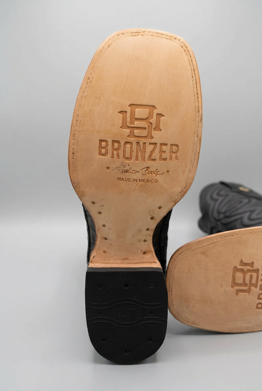 Bronzer Men's Black Exotic Caiman Tail Skin- Square Toe Boots