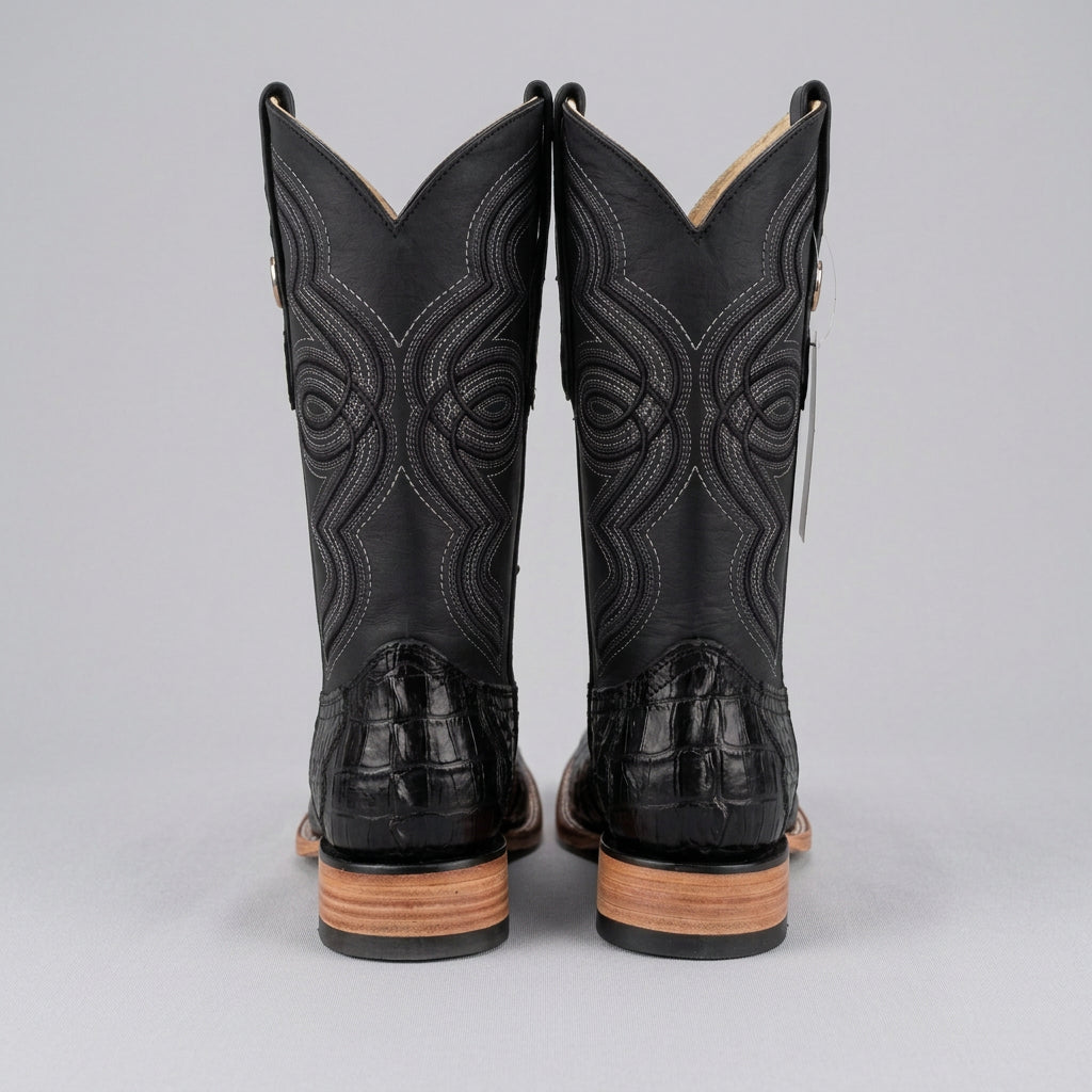 Bronzer Men's Black Exotic Caiman Tail Skin- Square Toe Boots