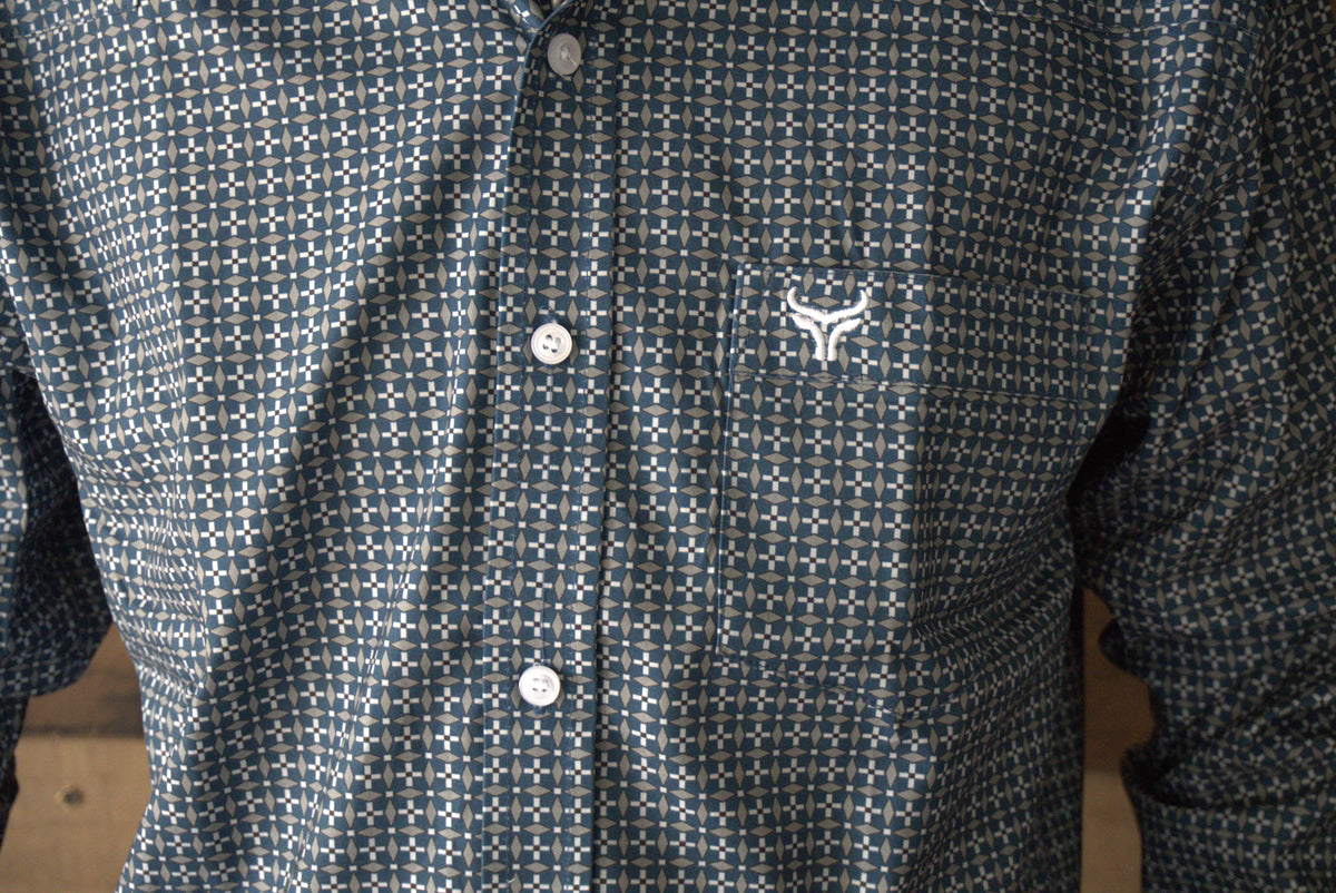Men's Western Long Sleeve Button Shirt- Blue Bull
