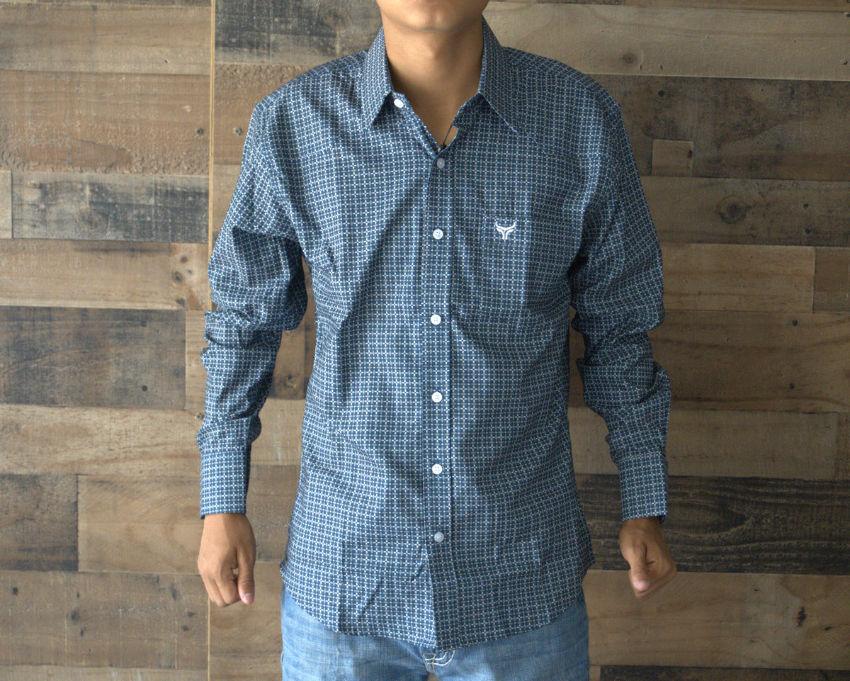 Men's Western Long Sleeve Button Shirt- Blue Bull