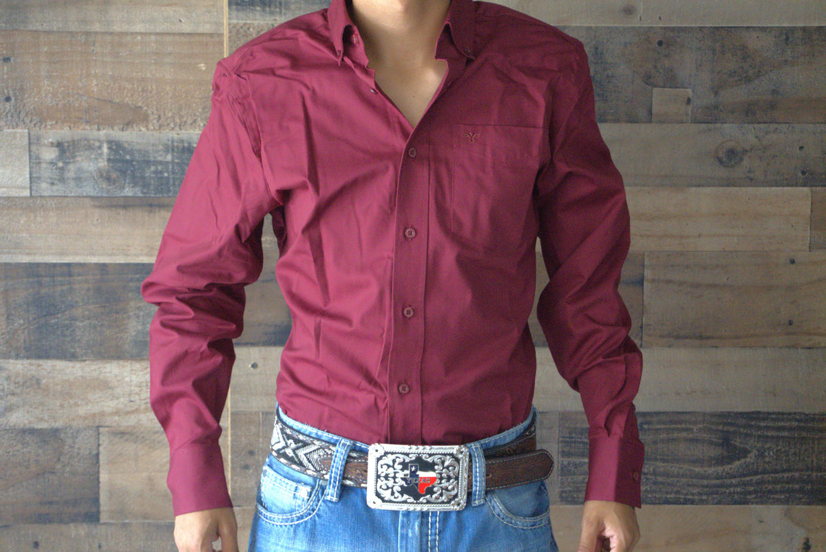 Men’s Solid Western 100% Cotton Twill Button Down Shirt-AC110L-BURGUNDY
