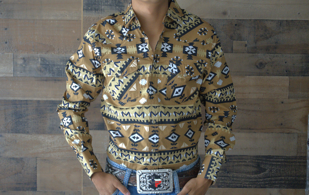Men's Long sleeve Western Pearl snap shirt-Gold