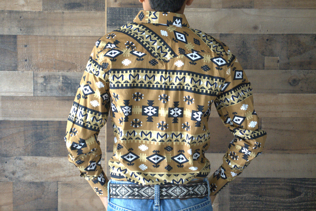 Men's Long sleeve Western Pearl snap shirt-Gold