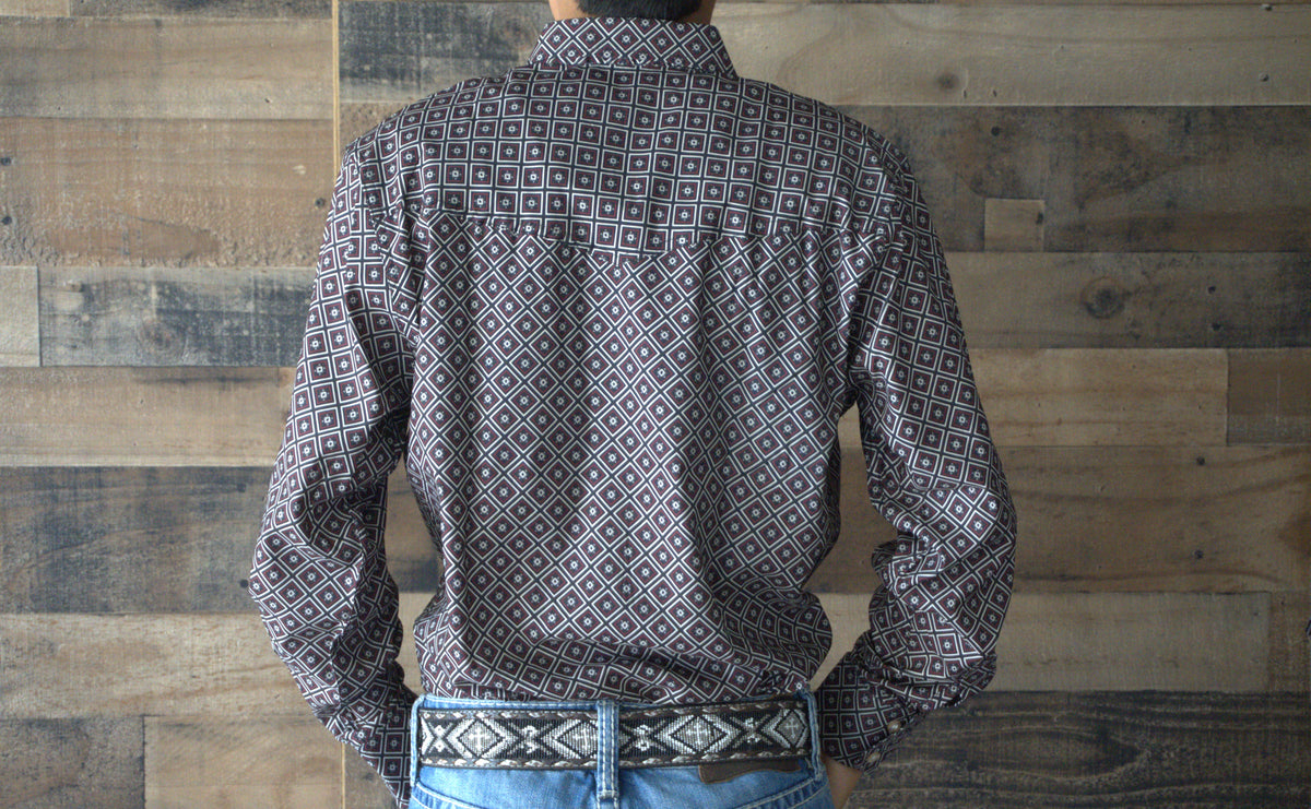 Men's Western Long Sleeve Button Shirt- Wine Bull