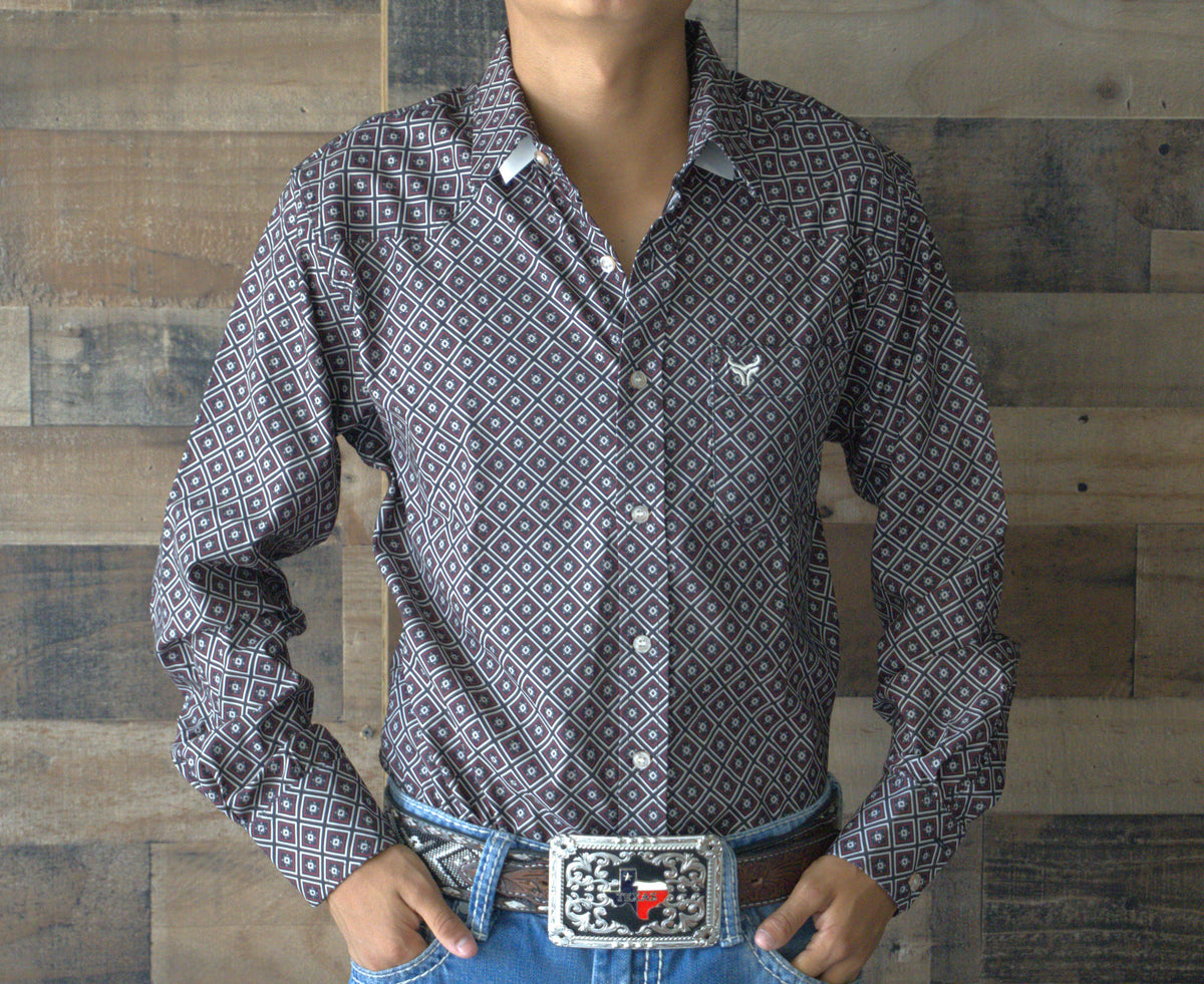 Men's Western Long Sleeve Button Shirt- Wine Bull