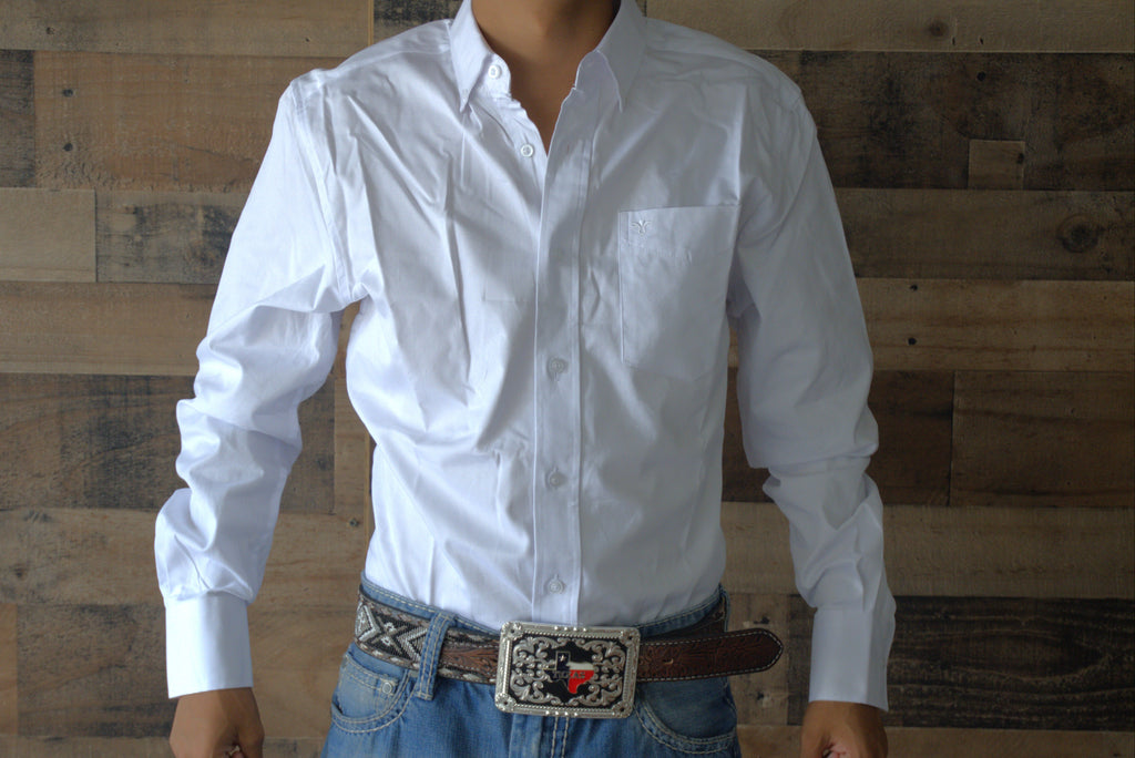 Men’s Solid Western 100% Cotton Twill Button Down Shirt-AC110L-WHITE