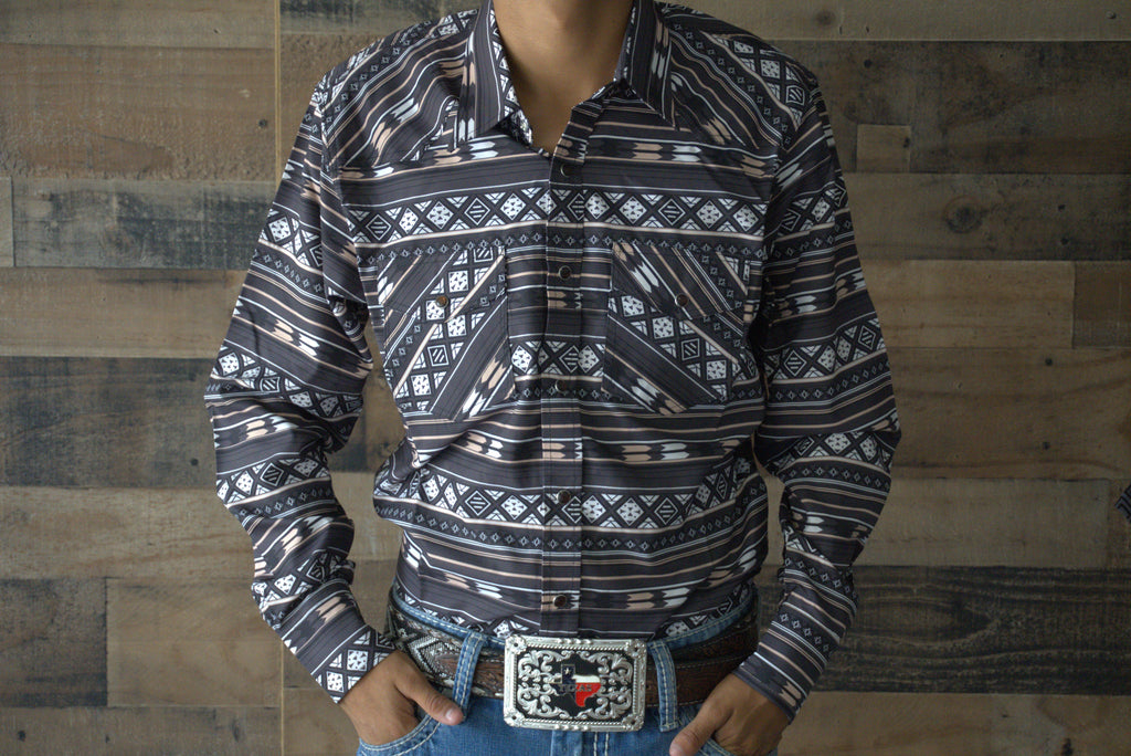 Señor De Los Cielos Long Sleeve Pearl Snap Shirt- Aztec Dark Brown