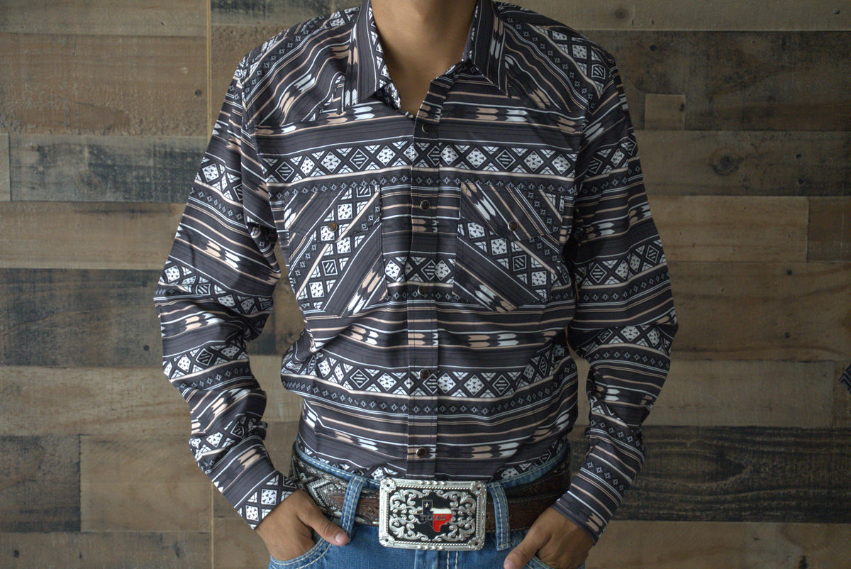 Señor De Los Cielos Long Sleeve Pearl Snap Shirt- Aztec Dark Brown